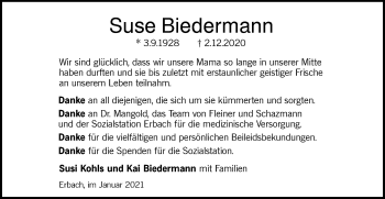 Traueranzeige von Suse Biedermann von SÜDWEST PRESSE Ausgabe Ulm/Neu-Ulm