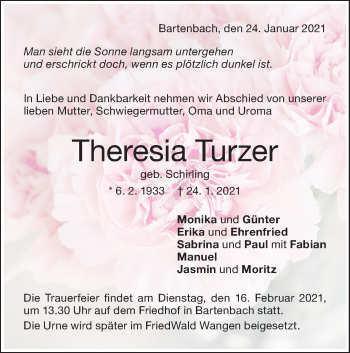 Traueranzeige von Theresia Turzer von NWZ Neue Württembergische Zeitung