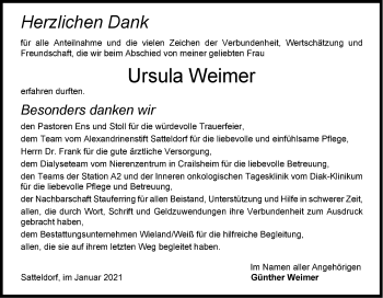 Traueranzeige von Ursula Weimer von Hohenloher Tagblatt