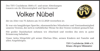 Traueranzeige von Volker Nübel von Hohenloher Tagblatt