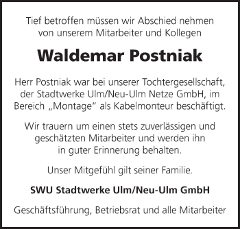 Traueranzeige von Waldemar Postniak von SÜDWEST PRESSE Ausgabe Ulm/Neu-Ulm