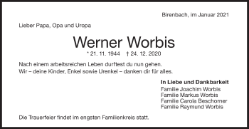 Traueranzeige von Werner Worbis von NWZ Neue Württembergische Zeitung