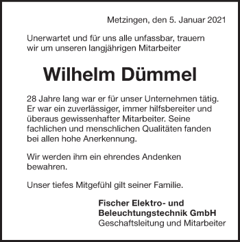 Traueranzeige von Wilhelm Dümmel von Metzinger-Uracher Volksblatt