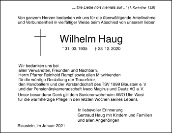 Traueranzeige von Wilhelm Haug von SÜDWEST PRESSE Ausgabe Ulm/Neu-Ulm