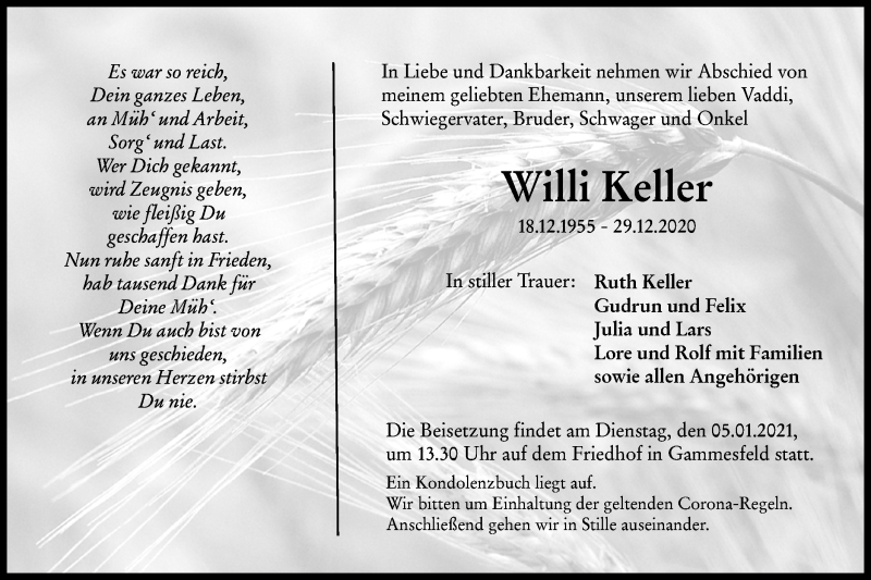  Traueranzeige für Willi Keller vom 02.01.2021 aus Haller Tagblatt