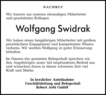 Traueranzeige von Wolfgang Swidrak von Hohenloher Tagblatt