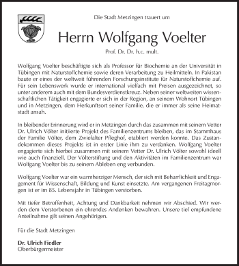 Traueranzeige von Wolfgang Voelter von Metzinger-Uracher Volksblatt