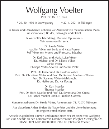 Traueranzeige von Wolfgang Voelter von Metzinger-Uracher Volksblatt