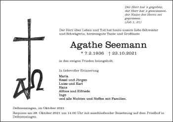 Traueranzeige von Agathe Seemann von SÜDWEST PRESSE Ausgabe Ulm/Neu-Ulm