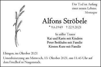 Traueranzeige von Alfons Ströbele von Ehinger Tagblatt