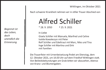 Traueranzeige von Alfred Schiller von Metzinger-Uracher Volksblatt