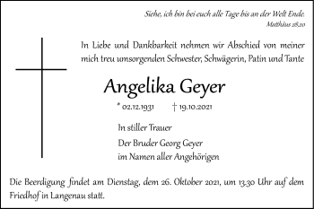 Traueranzeige von Angelika Geyer von SÜDWEST PRESSE Ausgabe Ulm/Neu-Ulm