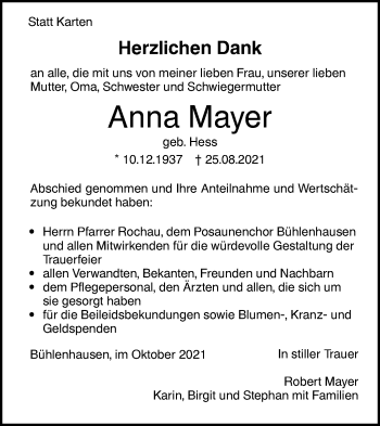 Traueranzeige von Anna Mayer von SÜDWEST PRESSE Ausgabe Ulm/Neu-Ulm