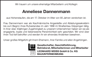 Traueranzeige von Anneliese Dannenmann von NWZ Neue Württembergische Zeitung