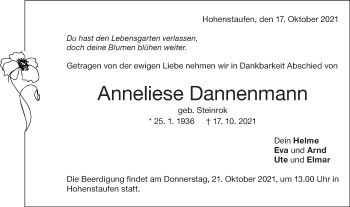 Traueranzeige von Anneliese Dannenmann von NWZ Neue Württembergische Zeitung