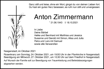 Traueranzeige von Anton Zimmermann von Ehinger Tagblatt