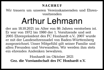 Traueranzeige von Arthur Lehmann von Hohenloher Tagblatt