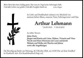 Traueranzeige von Arthur Lehmann von Hohenloher Tagblatt