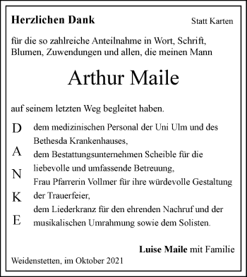 Traueranzeige von Arthur Maile von SÜDWEST PRESSE Ausgabe Ulm/Neu-Ulm