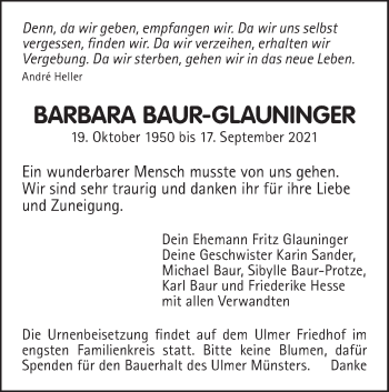 Traueranzeige von Barbara Baur-Glauninger von SÜDWEST PRESSE Ausgabe Ulm/Neu-Ulm