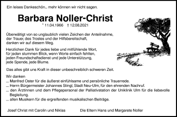 Traueranzeige von Barbara Noller-Christ von SÜDWEST PRESSE Ausgabe Ulm/Neu-Ulm