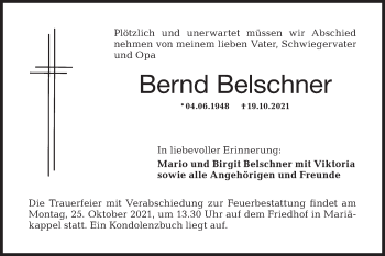 Traueranzeige von Bernd Belschner von Hohenloher Tagblatt