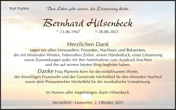 Traueranzeige von Bernhard Hilsenbeck von Haller Tagblatt