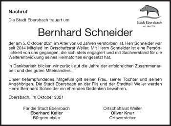 Traueranzeige von Bernhard Schneider von NWZ Neue Württembergische Zeitung