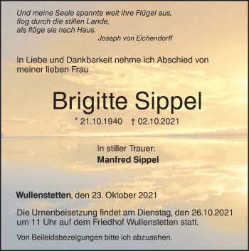 Traueranzeige von Brigitte Sippel von SÜDWEST PRESSE Ausgabe Ulm/Neu-Ulm