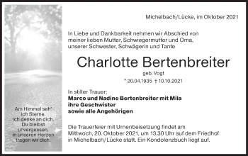 Traueranzeige von Charlotte Bertenbreiter von Hohenloher Tagblatt