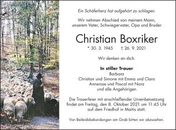 Traueranzeige von Christian Boxriker von NWZ Neue Württembergische Zeitung