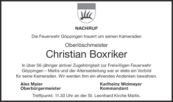 Traueranzeige von Christian Boxriker von NWZ Neue Württembergische Zeitung