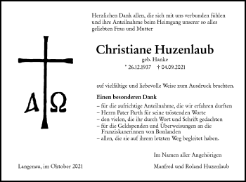 Traueranzeige von Christiane Huzenlaub von SÜDWEST PRESSE Ausgabe Ulm/Neu-Ulm