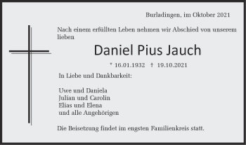 Traueranzeige von Daniel Pius Jauch von Metzinger-Uracher Volksblatt