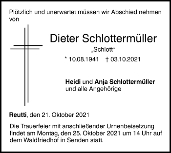 Traueranzeige von Dieter Schlottermüller von SÜDWEST PRESSE Ausgabe Ulm/Neu-Ulm