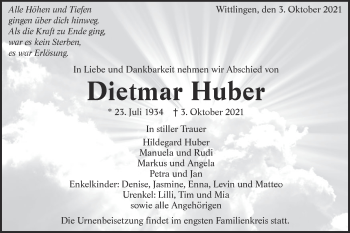 Traueranzeige von Dietmar Huber von Alb-Bote/Metzinger-Uracher Volksblatt