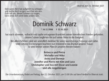 Traueranzeige von Dominik Schwarz von Rundschau Gaildorf