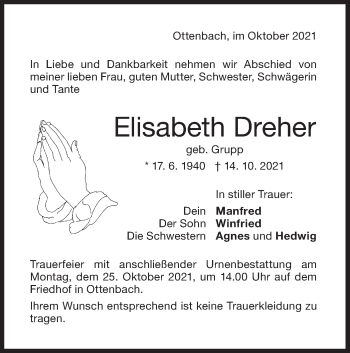 Traueranzeige von Elisabeth Dreher von NWZ Neue Württembergische Zeitung