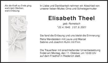 Traueranzeige von Elisabeth Theel von Metzinger-Uracher Volksblatt