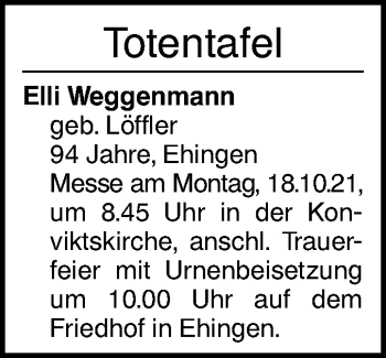 Traueranzeige von Elli Weggenmann von Ehinger Tagblatt