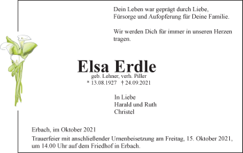 Traueranzeige von Elsa Erdle von SÜDWEST PRESSE Ausgabe Ulm/Neu-Ulm