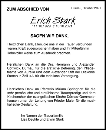 Traueranzeige von Erich Stark von NWZ Neue Württembergische Zeitung