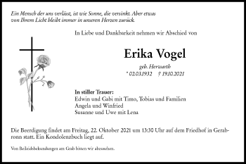 Traueranzeige von Erika Vogel von Hohenloher Tagblatt