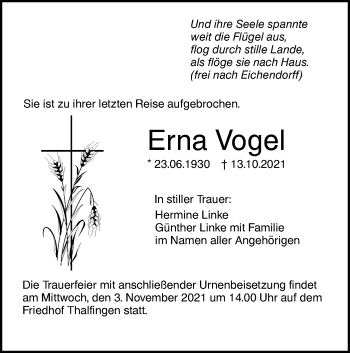 Traueranzeige von Erna Vogel von SÜDWEST PRESSE Ausgabe Ulm/Neu-Ulm