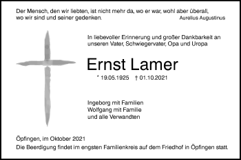 Traueranzeige von Ernst Lamer von Ehinger Tagblatt