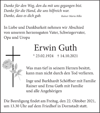 Traueranzeige von Erwin Guth von SÜDWEST PRESSE Ausgabe Ulm/Neu-Ulm