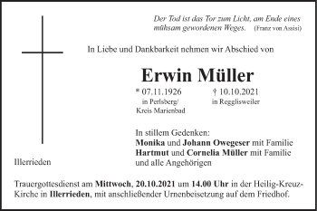 Traueranzeige von Erwin Müller von SÜDWEST PRESSE Ausgabe Ulm/Neu-Ulm