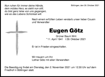 Traueranzeige von Eugen Götz von Metzinger-Uracher Volksblatt