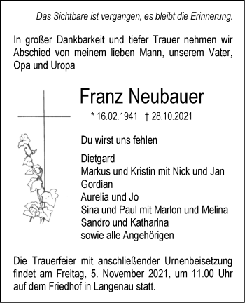 Traueranzeige von Franz Neubauer von SÜDWEST PRESSE Ausgabe Ulm/Neu-Ulm