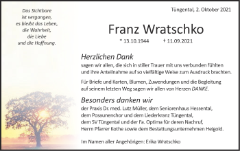 Traueranzeige von Franz Wratschko von Haller Tagblatt